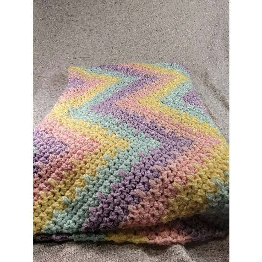 Afghan Handmade Crochet Throw‎ Blanket multi colors 60x42in Heavy Nice